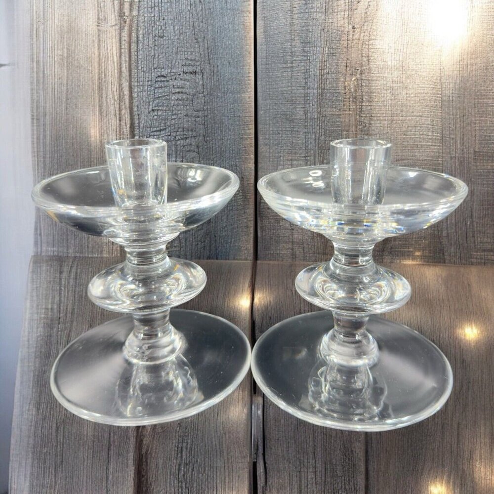 1950s Val‎ Saint Lambert Clear Glass Candlestick Holder Votive Set 2 Signed VTG